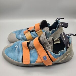 Evolv Defy Climbing Shoes Mens 12 Blue Orange Trax Rubber VTR3D Hook Loop Strap